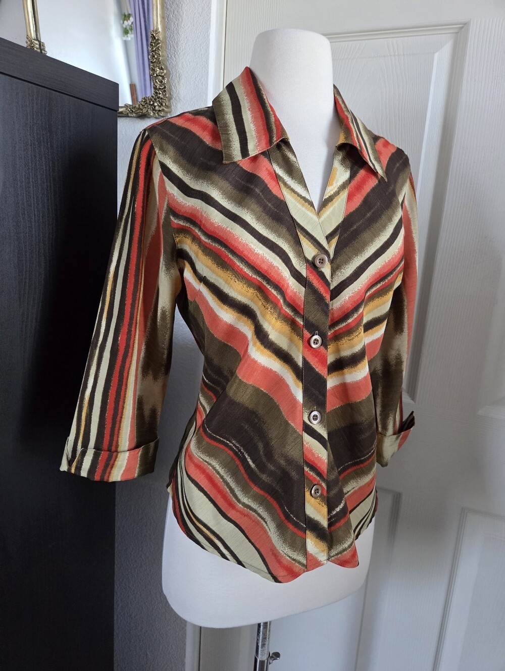 Vintage Selene Sport orange brown multicoloured striped button up blouse